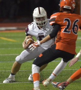 Garnet Valley running back Danny Bradley tries to cut past the defense of Marple Newtown’s Cameron Leone Friday. Bradley rushed for 91 yards and a score in his first game on offense in the Jaguars’ 42-14 win over Marple. (Digital First Media/Pete Bannan)